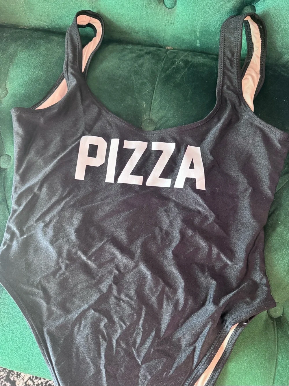 Black One-Piece Swimsuit with PIZZA Graphic